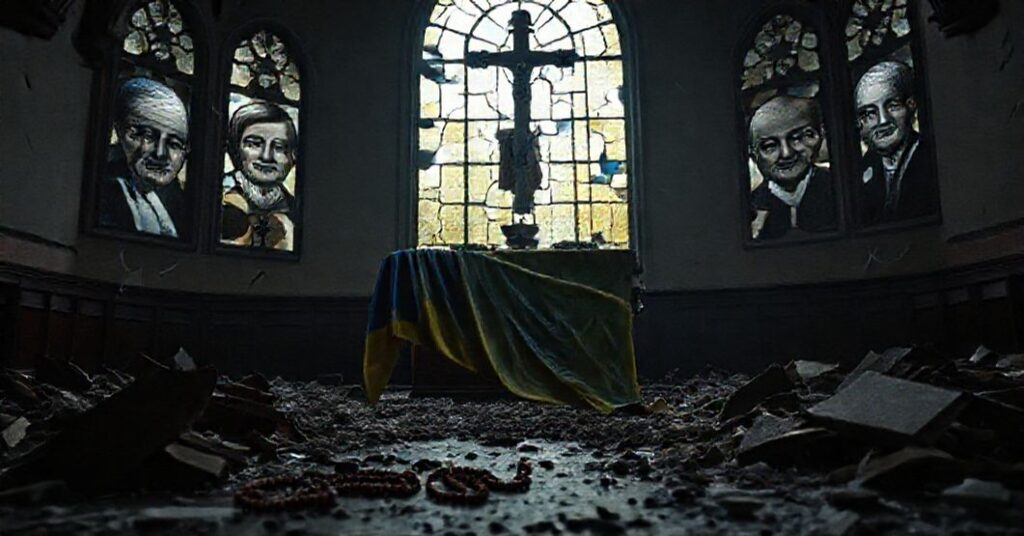 Sombre church interior with Ukrainian flag and child's rosary amidst rubble during Russian missile strikes.
