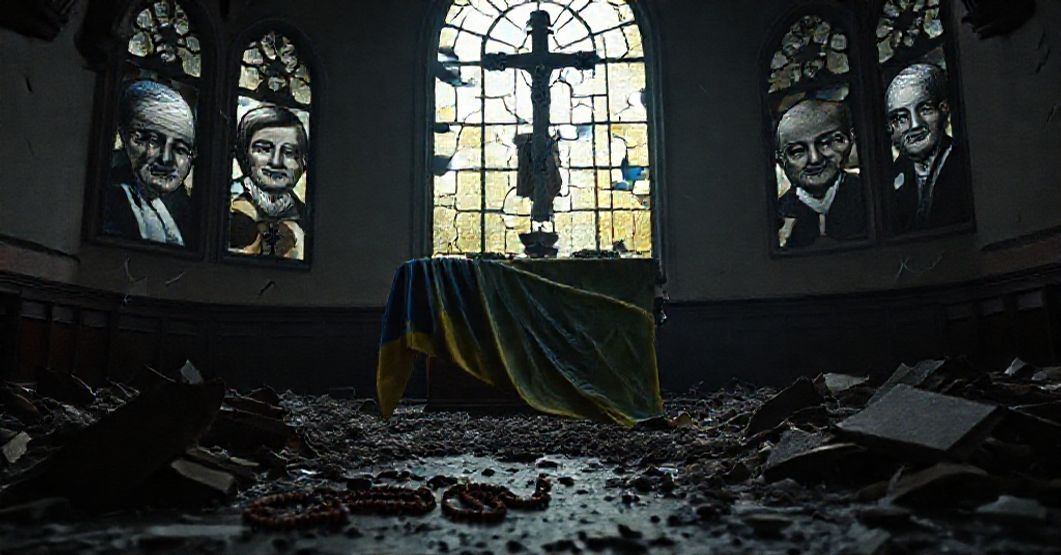 Sombre church interior with Ukrainian flag and child's rosary amidst rubble during Russian missile strikes.