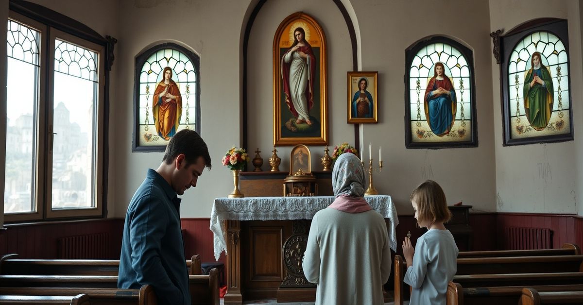 Ukrainian Refugees Seeking Divine Mercy Ukrainian refugees praying in a war-damaged church, symbolizing faith amidst suffering.