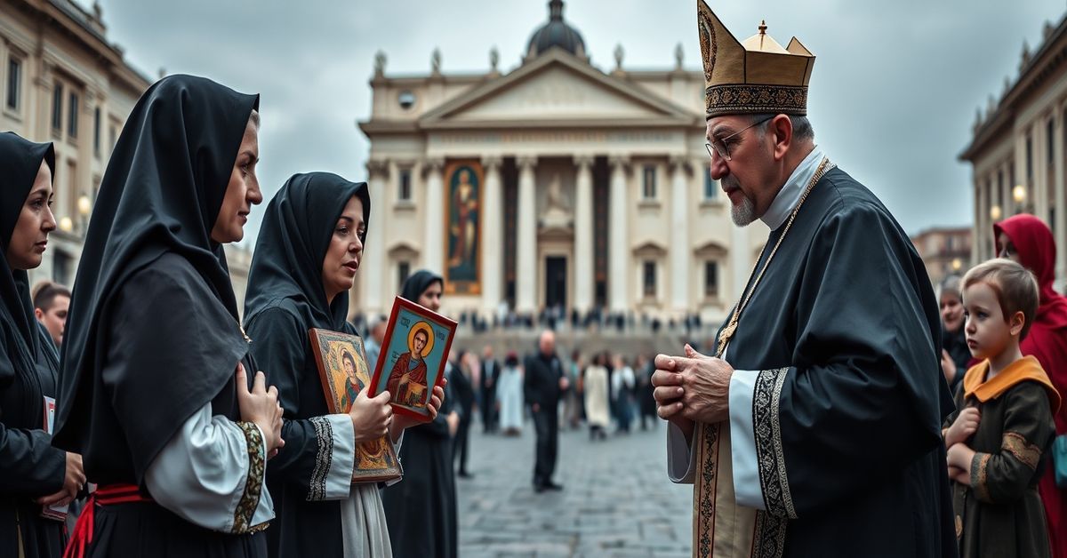 Ukrainian Women Meet Apostate Antipope Leo XIV Ukrainian women meeting an antipope in St. Peter's Square, presenting devotional objects in a scene of false consolation.