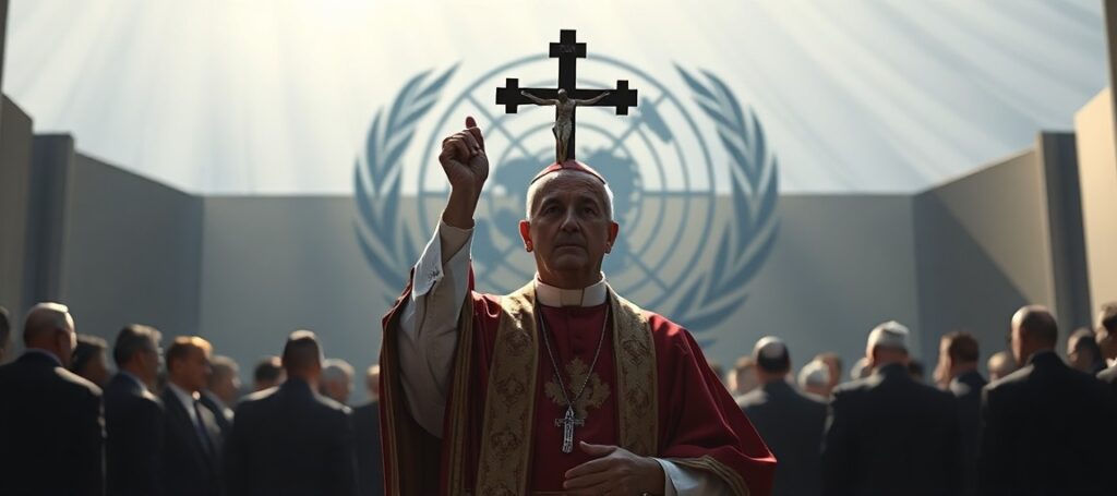 A Catholic bishop in traditional vestments stands before the UN building, holding a crucifix against a backdrop of nuclear threats and divided world leaders.