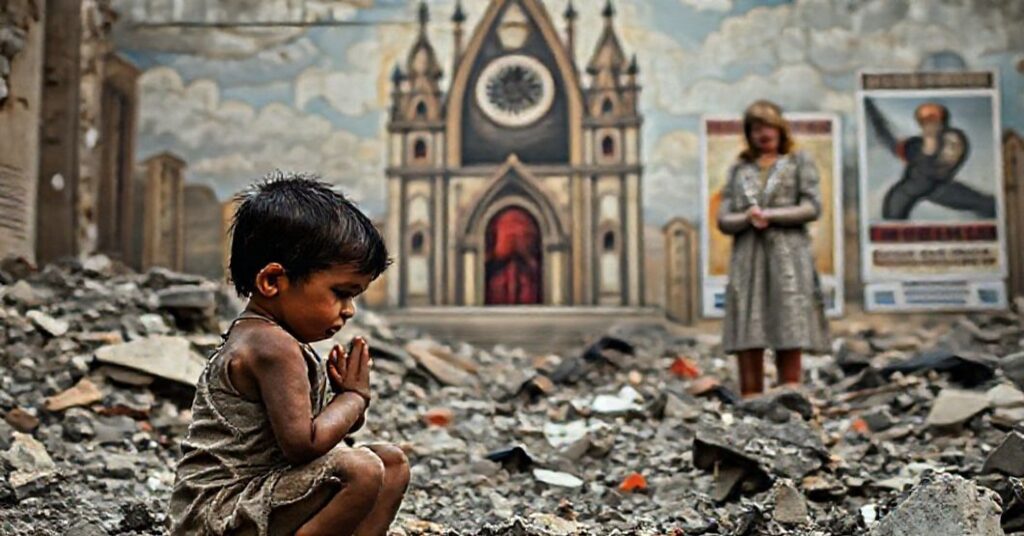 A young child praying in ruins with UNICEF's Catherine Russell in the background, symbolizing spiritual famine amid globalist humanitarianism.