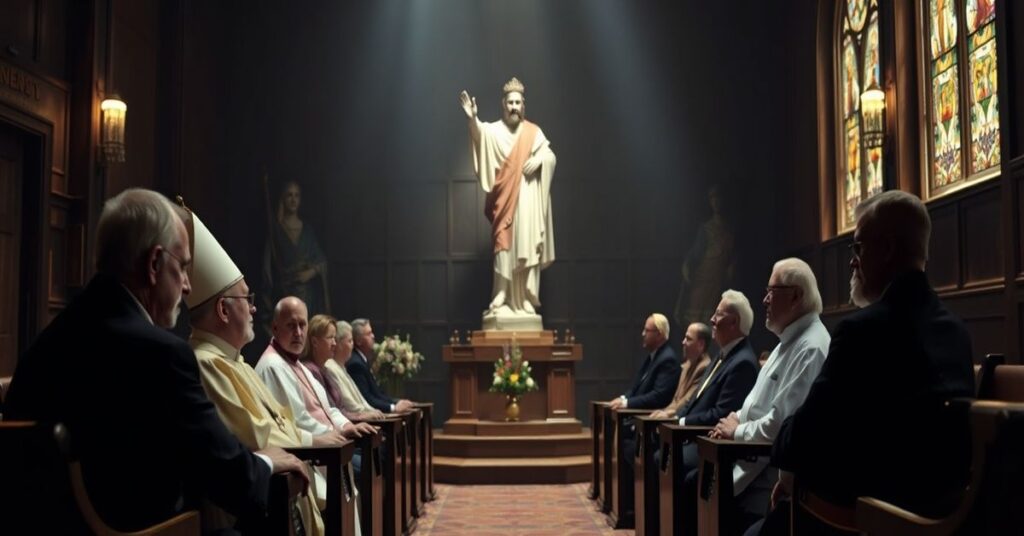 A somber Catholic church interior depicting Bishop Brendan Cahill and NAE leaders in ecumenical dialogue, symbolizing the betrayal of Christ's Kingship.