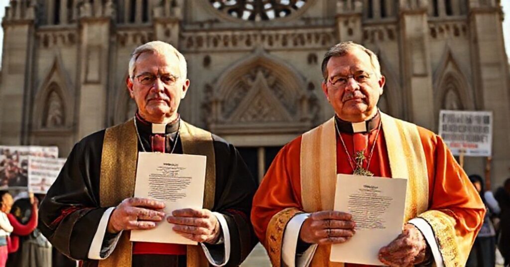 Portrait of Archbishop Paul Coakley and Bishop Daniel Flores before a grand cathedral, symbolizing the USCCB's apostasy and moral confusion.