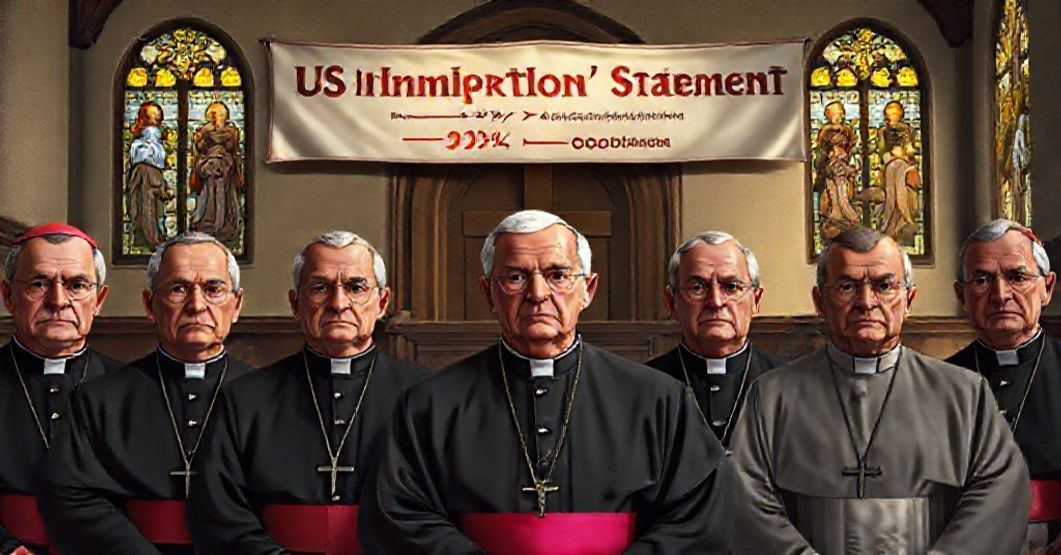 A group of US Bishops in clerical attire standing before a traditional Catholic church, reflecting the betrayal of Catholic doctrine on immigration.