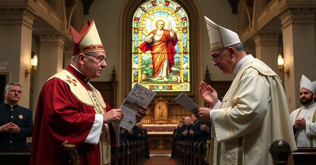Bishop Mark Seitz and antipope Leo XIV clash over migrant initiative in a traditional Catholic church setting.