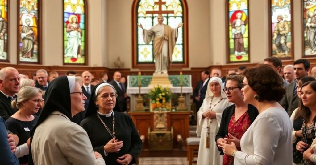 A solemn gathering of U.S. Catholics debating the death penalty in a traditional church setting with stained-glass windows and a statue of Christ the King.
