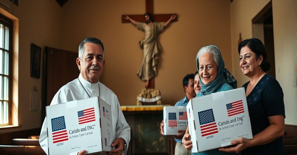 A Catholic priest and conciliar officials distributing U.S.-funded aid in a Cuban church.