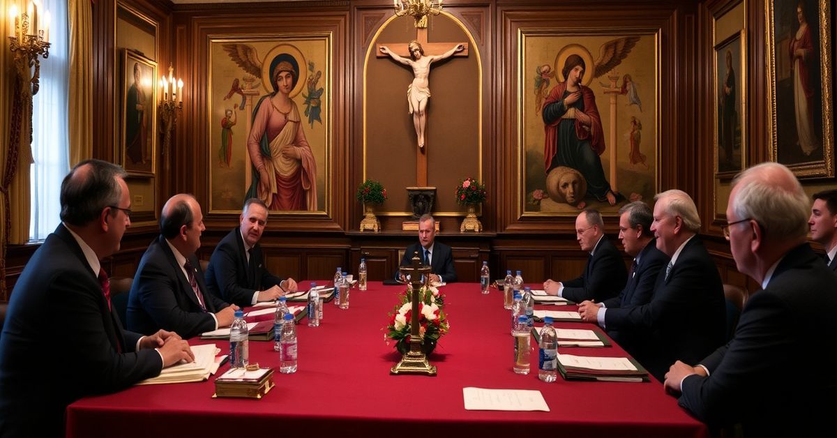 Catholic symposium on migration crisis with panelists discussing policy in a Traditional Catholic setting.