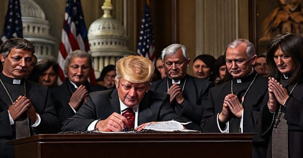 President Donald Trump signing an immigration executive order with a group of Catholic faithful praying in protest.