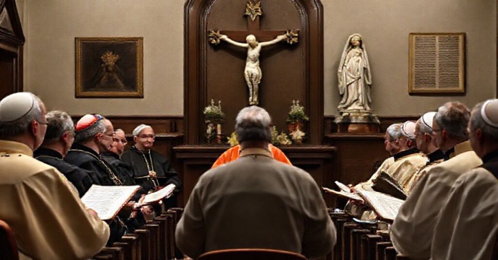 Paul Scherz presenting on artificial intelligence to USCCB bishops in a traditional Catholic setting, highlighting the theological dangers of AI in modernist teachings.