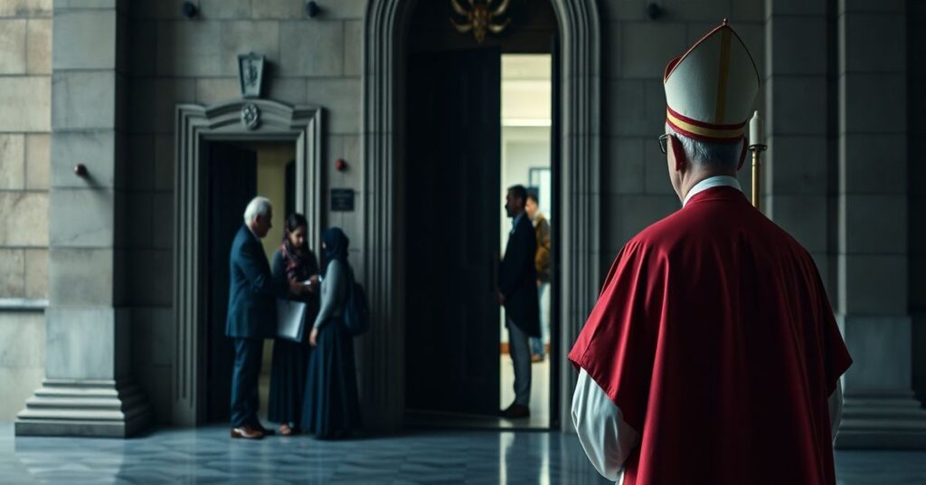 A Catholic bishop in traditional vestments stands before a closed church door with refugees receiving aid in a bureaucratic office behind him.