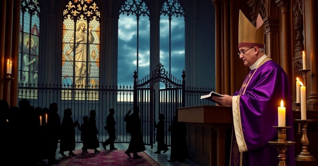 Catholic bishop delivering stern homily in cathedral as migrants pass outside barred gates under stormy sky, symbolizing USCCB's betrayal of Christ the King in migration policy