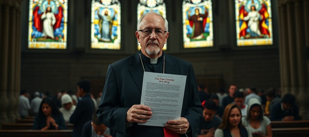 Bishop Brendan Cahill in a cathedral, surrounded by refugees, symbolizing the USCCB's modernist approach to refugee policy.