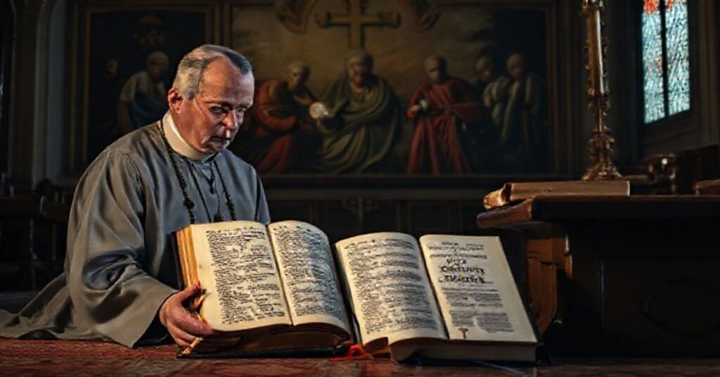 A Catholic priest kneeling in prayer before traditional and modern Bibles in a chapel, symbolizing theological concerns over the USCCB's 'Catholic American Bible'.