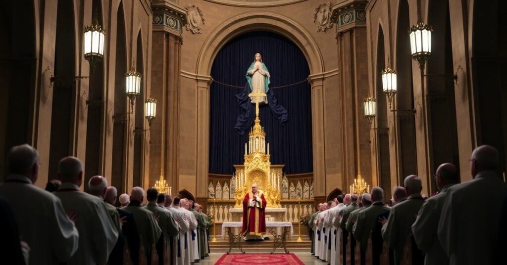 A solemn image of the USCCB's 2026 consecration to the Sacred Heart at the Basilica of the National Shrine in Orlando, highlighting the modernist emptiness of the ceremony.