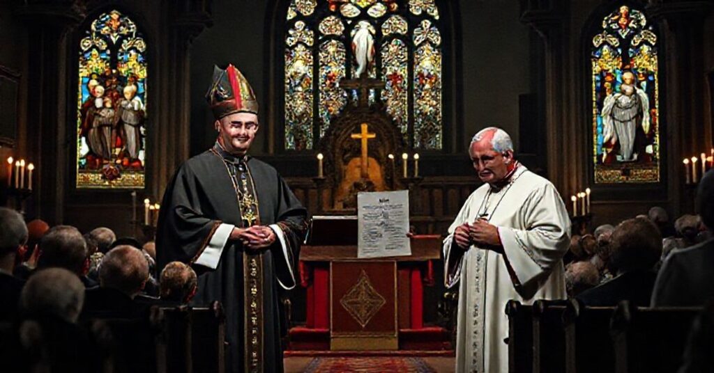 Archbishop Paul S. Coakley and Bishop Daniel E. Flores in a solemn Catholic church setting, reflecting the crisis of conciliar apostasy.