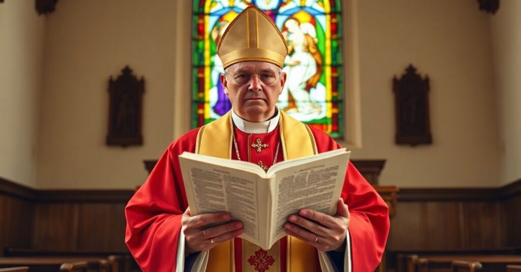 A traditional Catholic bishop in liturgical vestments stands before a pulpit, holding the Catechism of the Council of Trent, with a stained-glass window depicting Adam and Eve in the background.