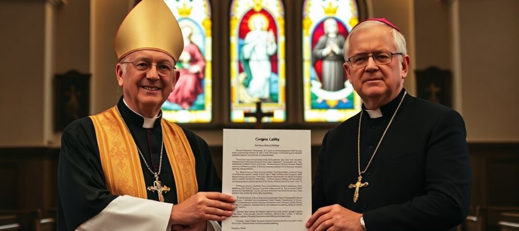 Archbishop Paul Coakley and Bishop Brendan Cahill in a solemn Catholic church setting, holding a letter addressing immigration reform with a focus on the lack of supernatural teachings in modern ecclesial discourse.