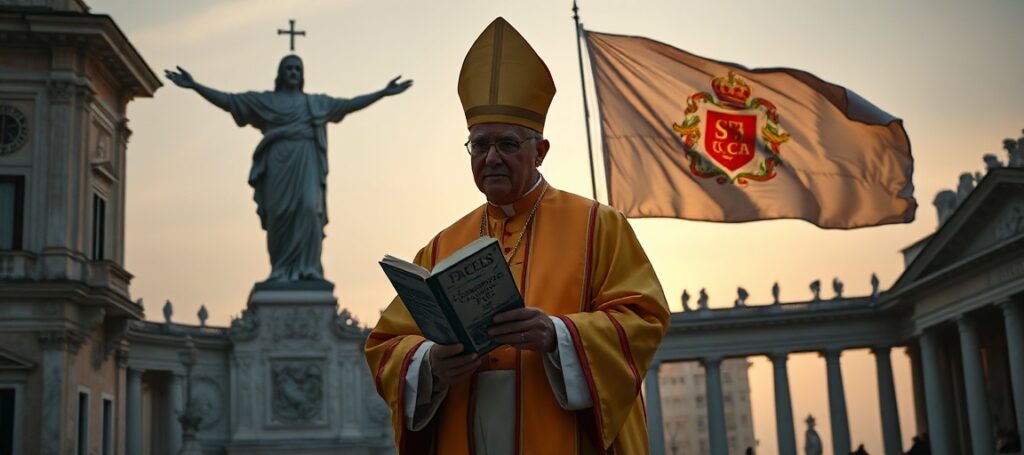 A solemn depiction of a Catholic bishop in liturgical vestments before a defaced statue of Christ the King replaced by a secular migrant statue in St. Peter's Square, symbolizing doctrinal betrayal and the suppression of Christ's kingship.