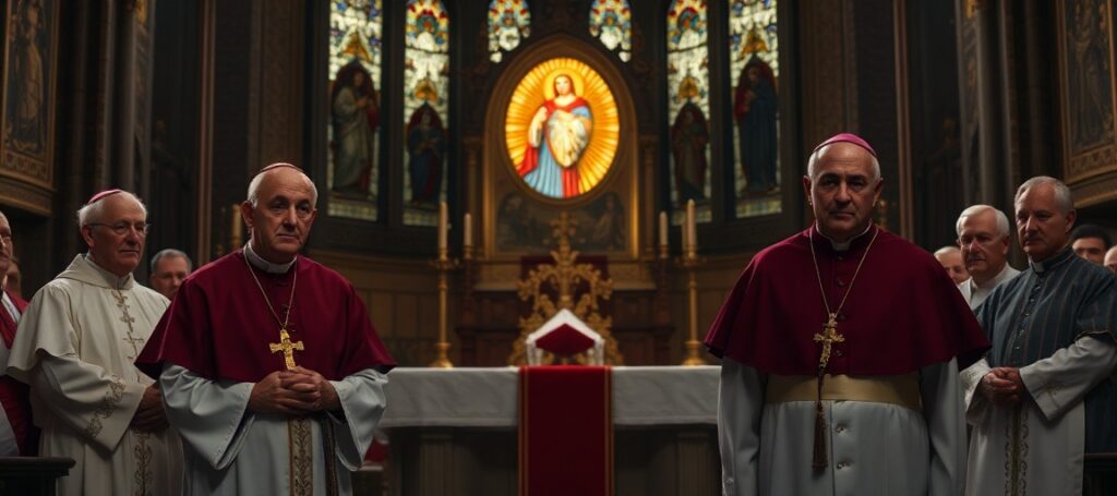 Archbishop Paul Coakley and Archbishop Gabriele Giordano Caccia at a USCCB meeting in Orlando, Florida, 2026, with a focus on the Sacred Heart of Jesus and traditional Catholic symbolism.