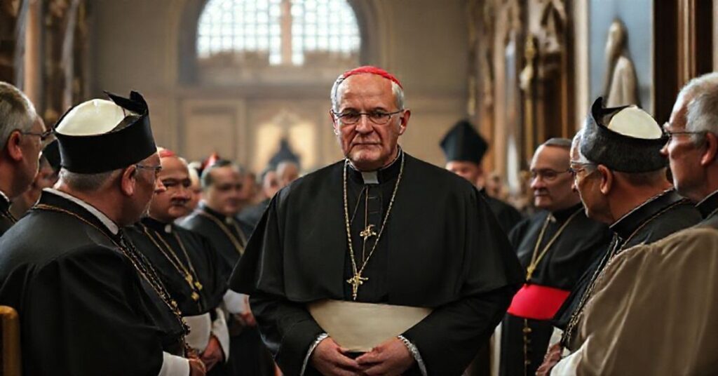 Portrait of Archbishop Timothy Broglio with bishops discussing immigration policies, reflecting the USCCB's naturalistic distortions under his presidency.