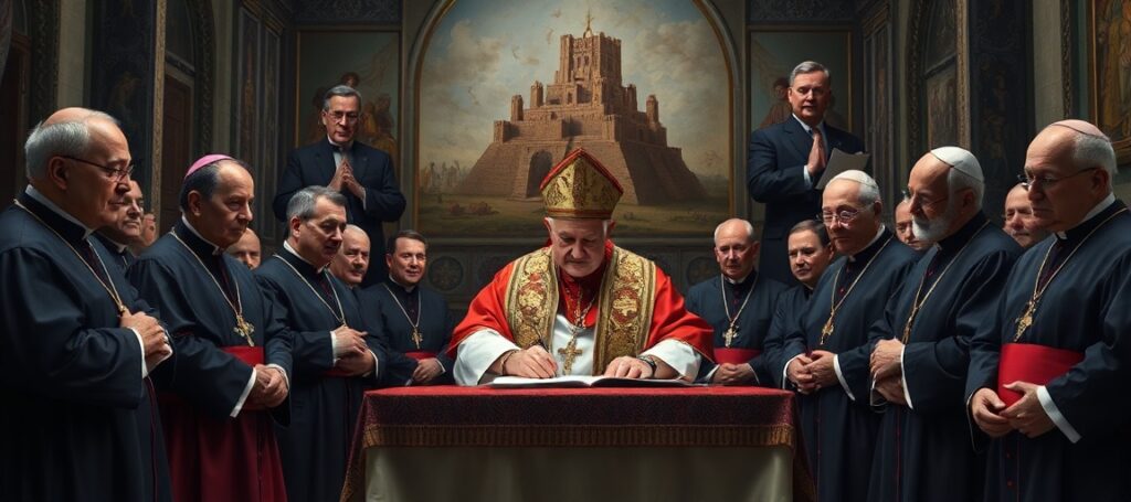 A solemn depiction of a usurper signing an encyclical on AI in a Vatican hall, surrounded by conciliar bishops, symbolizing the apostasy of modernism.