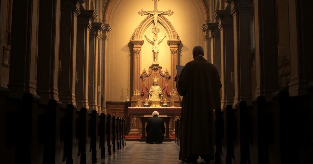 Elderly person praying in a traditional Catholic church with the usurper Leo XIV in the background.