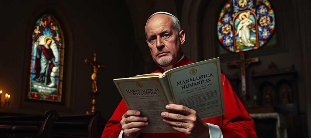 A traditional Catholic priest holds Leo XIV's 'Magnifica Humanitas' encyclical in a solemn church setting, symbolizing the conflict between modernist pacifism and Christ the King's divine authority.