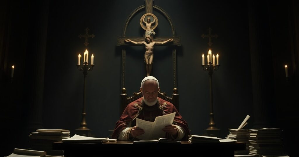 A solemn image depicting the usurper Leo XIV in a Vatican hall, contrasting his modernist rhetoric with the supernatural truth of Catholicism and Christ the King's kingship.