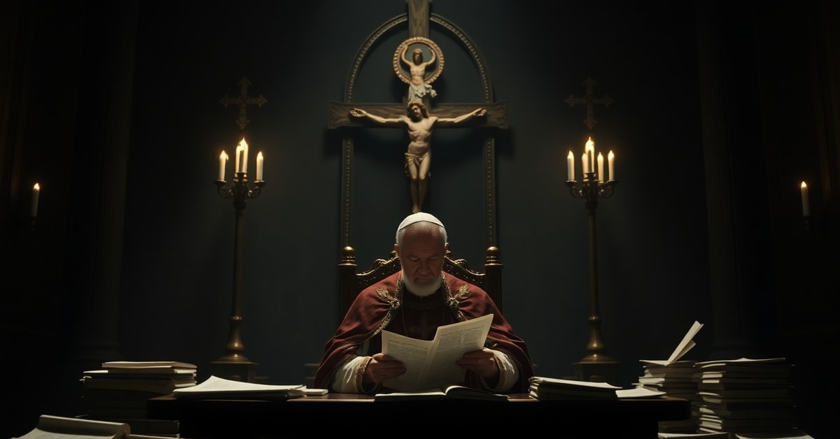 A solemn image depicting the usurper Leo XIV in a Vatican hall, contrasting his modernist rhetoric with the supernatural truth of Catholicism and Christ the King's kingship.