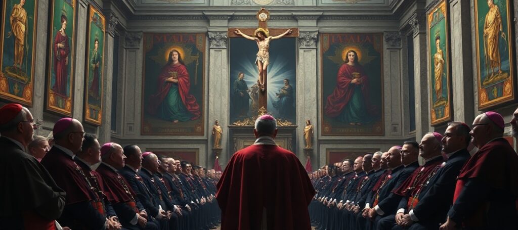 Usurper Leo XIV (Robert Prevost) addressing Italian bishops in a Vatican hall with modernist symbols and humanistic artwork.