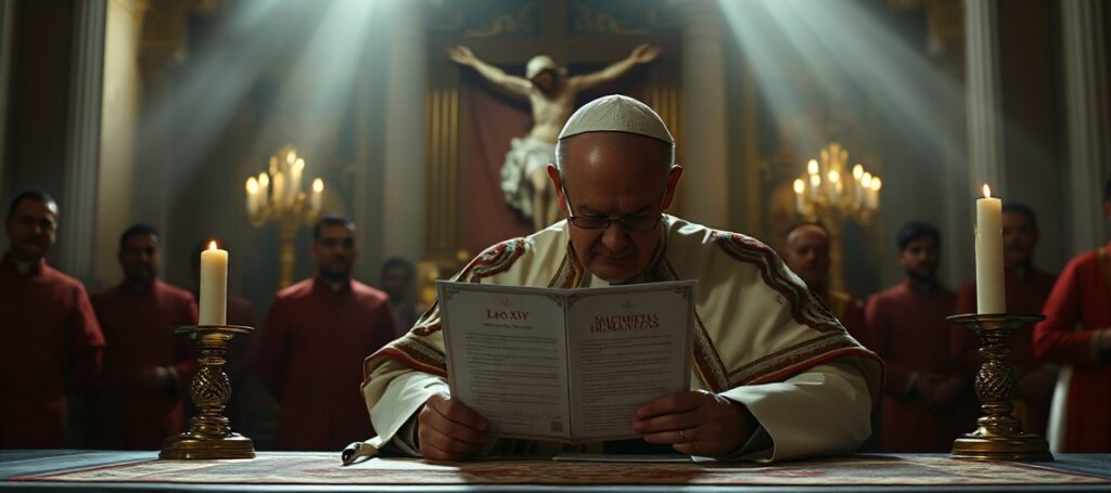 A solemn image depicting the usurper Leo XIV signing the encyclical 'Magnifica Humanitas' in the Vatican, symbolizing the conciliar sect's apostasy and rejection of Christ the King.