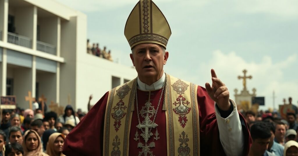 A solemn scene depicting the Vatican usurper Leo XIV preaching naturalistic 'divine justice' in Tenerife, 2026, amidst apostasy and secularized humanitarianism.