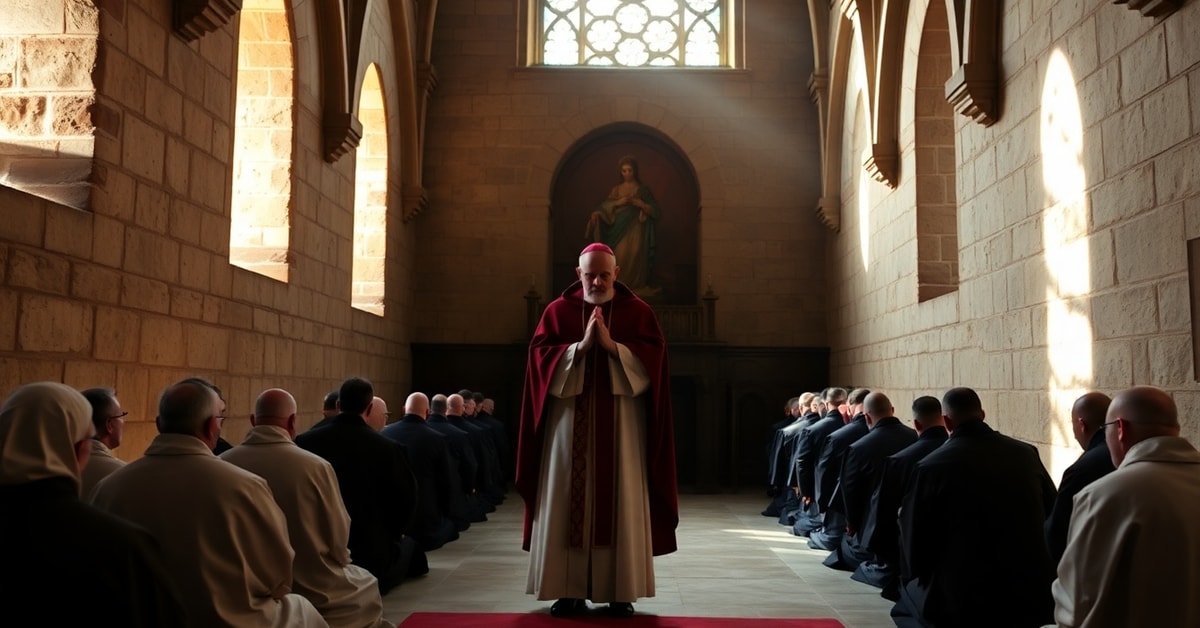A solemn portrait of the Benedictine Abbey of Our Lady of Montserrat with a usurper in papal vestments standing before silent monks.