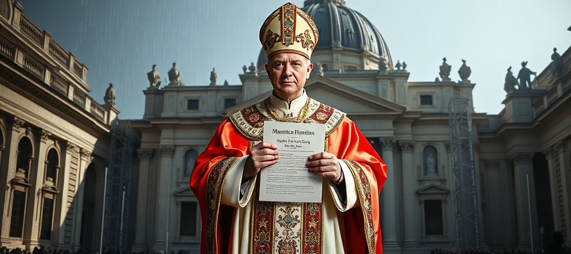 A solemn depiction of the usurper Robert Prevost as 'Pope Leo XIV' before a digital abomination, symbolizing the conciliar sect's betrayal of Catholic truth.