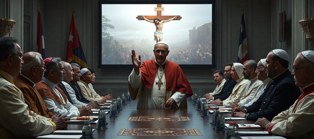A somber depiction of the usurper Robert Prevost meeting with the Catholic Extension Society in 2026, highlighting the betrayal of Catholic doctrine by praising material aid over spiritual evangelization in communist Cuba and Masonic Puerto Rico.