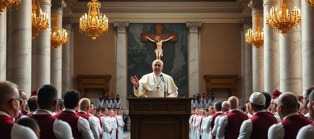 The usurper Robert Prevost (Pope Leo XIV) addresses Olympic athletes in the Vatican's Clementine Hall on April 9, 2026, promoting sport as a 'space for encounter' while replacing Catholic doctrine with secular humanism.