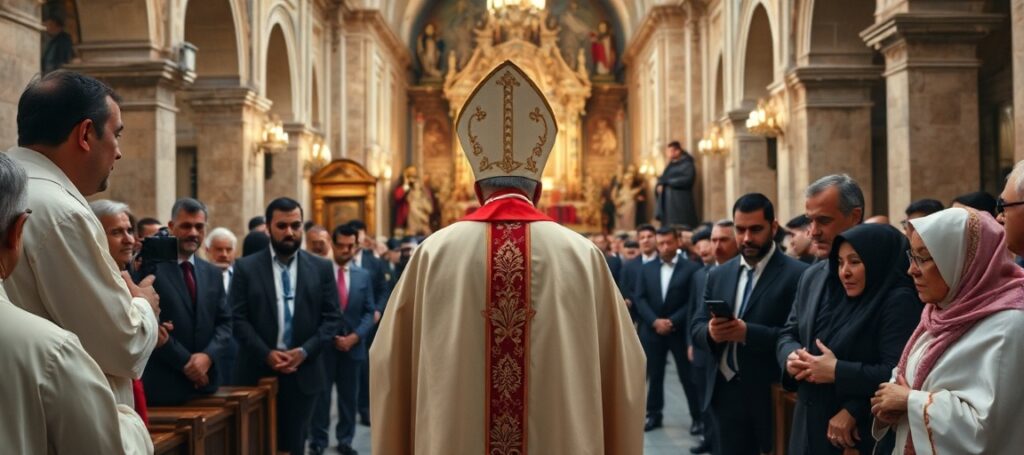 A solemn image of Robert Prevost at the Basilica of St. Augustine in Annaba, Algeria, during a heretical Mass.
