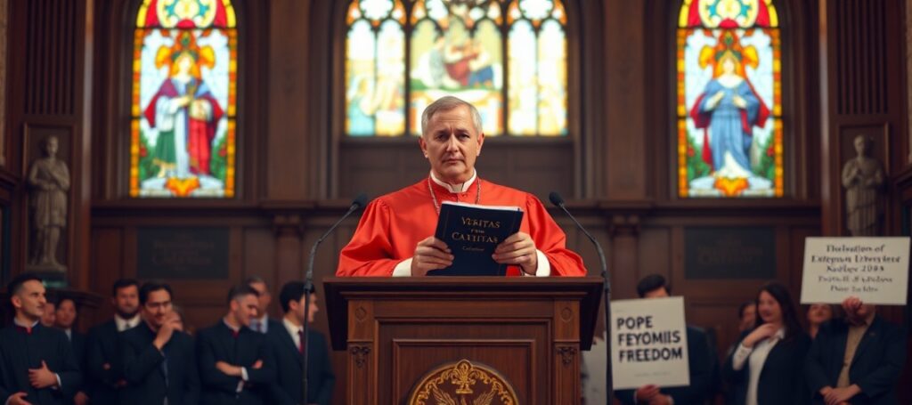 Portrait of Robert Prevost addressing Villanova graduates with Declaration of Independence, representing naturalism and Americanist heresy in Catholic education.