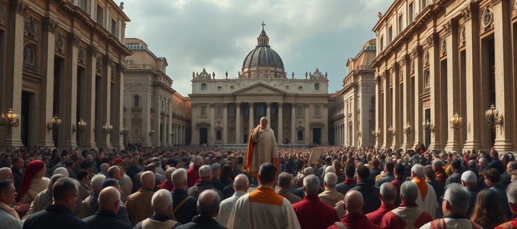 A solemn depiction of Saint Peter's Square during a sermon by the usurper Robert Prevost, highlighting the absence of Christ the King's reign in modernist theology.