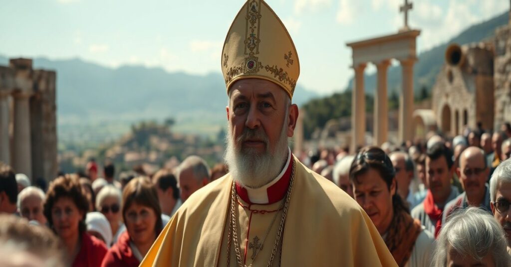 A solemn image depicting a traditional Catholic pilgrimage to Pompeii, Naples, and Lampedusa with a focus on the usurper 'Pope Leo XIV' and themes of modernist apostasy.