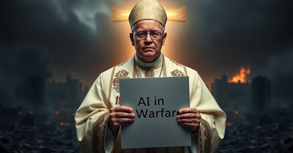 A solemn Catholic bishop in liturgical vestments stands before a war-torn cityscape, holding a document on AI warfare, symbolizing the loss of supernatural morality in modern ethics.