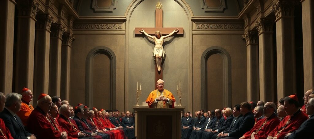The usurper Leo XIV addresses ambassadors in the Vatican's Hall of the Consistory, emphasizing naturalistic morality without acknowledging Christ the King.