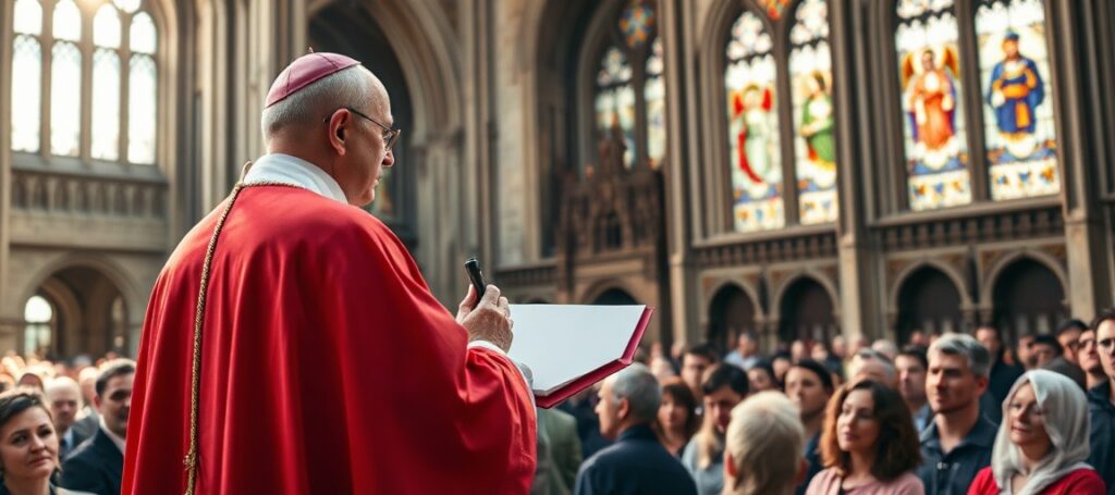 A Catholic bishop in traditional vestments delivers a solemn sermon before a grand cathedral, emphasizing the necessity of Christ's Kingship over all nations.