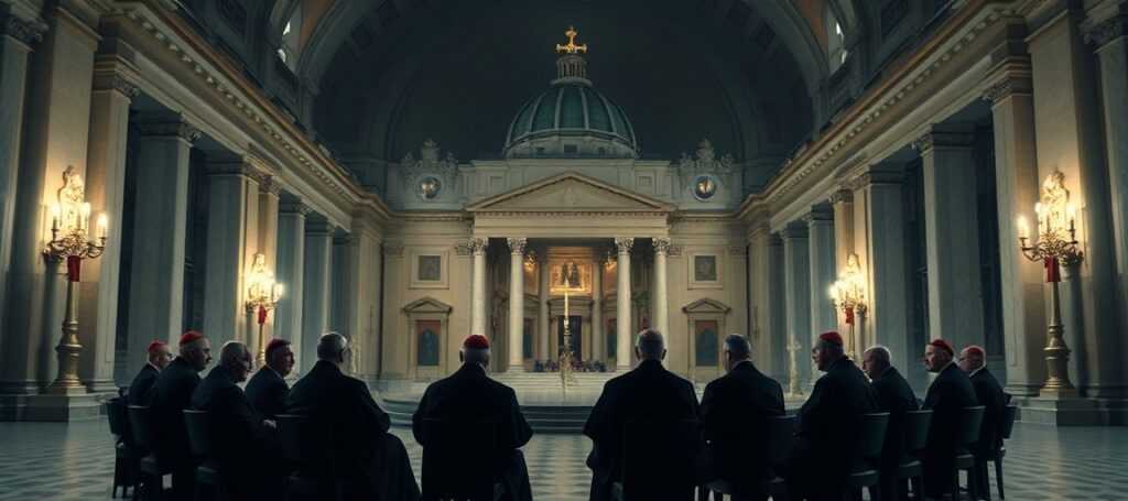 A somber depiction of a vacant St. Peter's Basilica with modernist cardinals in discussion, symbolizing the spiritual decay of the conciliar sect.
