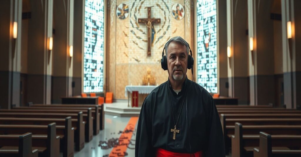 A stark depiction of modern Catholic media's emptiness, featuring Ed Condon with a podcast microphone in an abandoned church.