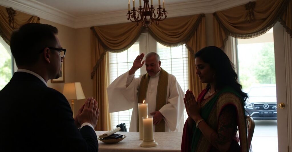A solemn depiction of a private home Mass celebrated for the Vance family, highlighting the trivialization of the sacred.