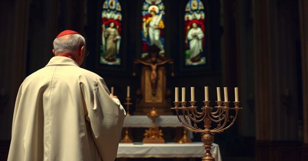 Solemn Catholic priest in traditional vestments holding crucifix in front of desecrated altar with menorah and Vatican in background