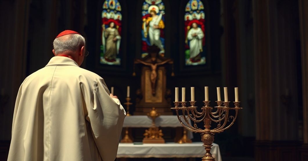 Solemn Catholic priest in traditional vestments holding crucifix in front of desecrated altar with menorah and Vatican in background
